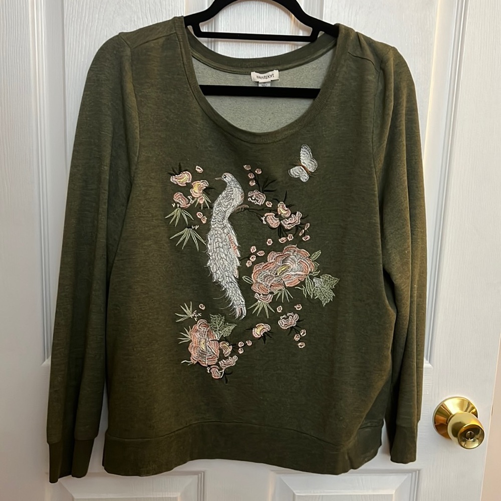 Olive green long sleeve top with pink bird and flower stiching